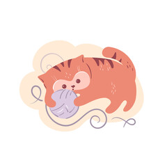 Cute red kitten playing with a ball. Cartoon style. Vector illustration, isolated.
