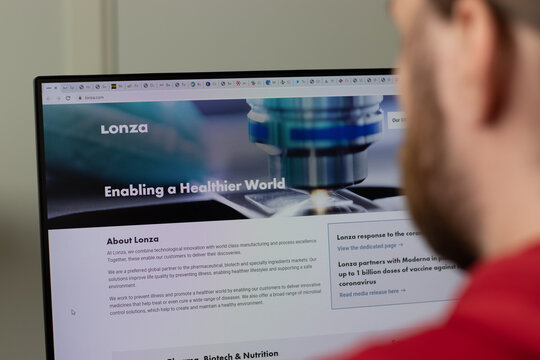New York, USA - 1 May 2021: Lonza company website with logo on screen, Illustrative Editorial.