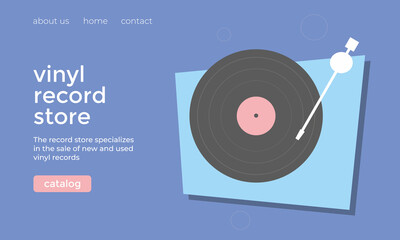 Obraz premium Vinyl records online store. Turntable, vinyl player playing music. Colorful flat isolated vector illustration. Retro music player. LP, vintage musical equipment. Website home layout page design.