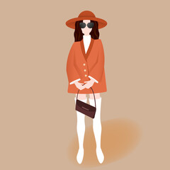Fototapeta premium Fashion girl in coat. Woman character. Autumn outdoor. Vector illustration.