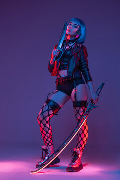 Elegance cyberpunk woman with dagger and sword