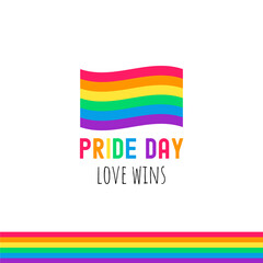 Pride day love wins text and rainbow flag vector illustration.