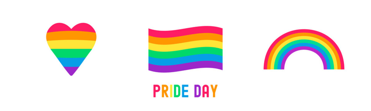 Rainbow flag, heart, arch and text pride day, flat vector icons set.