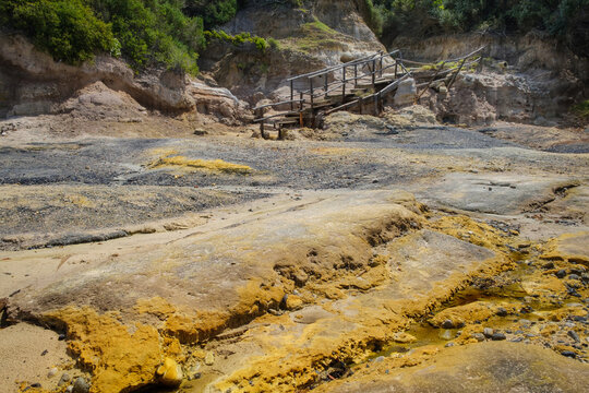 Sulfur mine so-called with solfatara inside natural reserve of Tor Caldara in Lavinio, Anzio, Rome, Italy