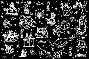 Black and white cartoon pattern on black background, abstract design