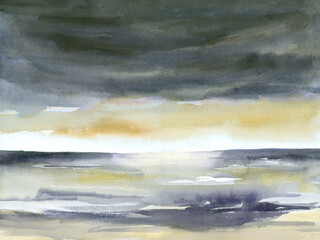 Stormy sky beach watercolor hand drawn and painted, minimal abstract seascape art
