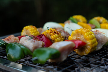 grill meat and vegetable skewers on huge On the brazier.
