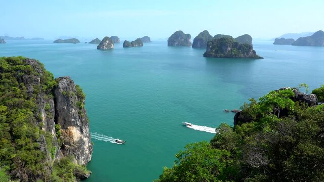 view from above of Phang Nga Bay, Thailand with speed boat in summer