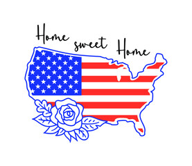USA map in national flag colors. Patriotic vector illustration with quote: Home sweet home. American independence day print. Holiday card for 4th of july.