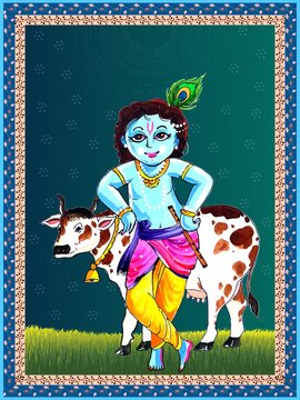indian God Krishna with vintage floral frame background