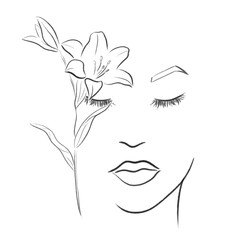 Line art sketch of woman face with flower, vector illustration	