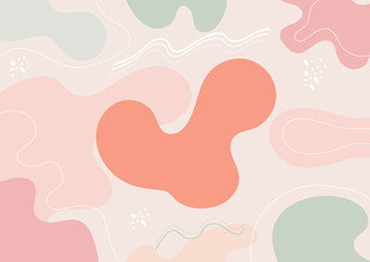 Abstract minimal color pastel organic shapes pattern with white lines on pastel background.
