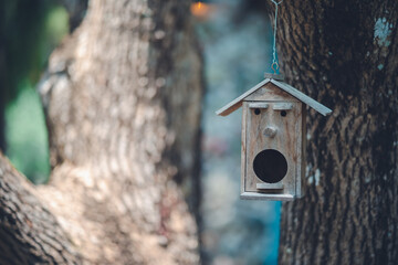 The decorative wood birdhouse. Nesting box hanging on the tree. Autumn