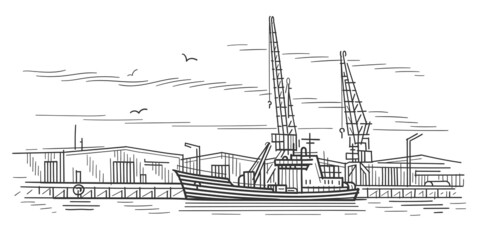 Ship in shipyard linear illustration. Industrial port sketch. Vector.  - obrazy, fototapety, plakaty