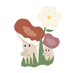 Cartoon curious russula mushrooms out from under the grass. Forest floral. Summer, autumn in forest. Childhood, education, coloring book. Healthy fresh food, source of proteins and vitamins.