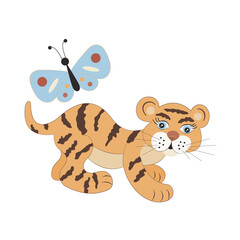 Cute cartoon baby tiger and butterfly. A blue moth flies around a funny kid animal. Happy childhood, carelessness, joy, lightness. Hand-drawn vector, flat style. For illustrations, print, internet.