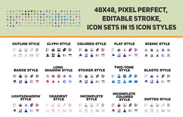 Voting Related Pixel Perfect Icon Design Set in 15 Different Styles Vector Illustration