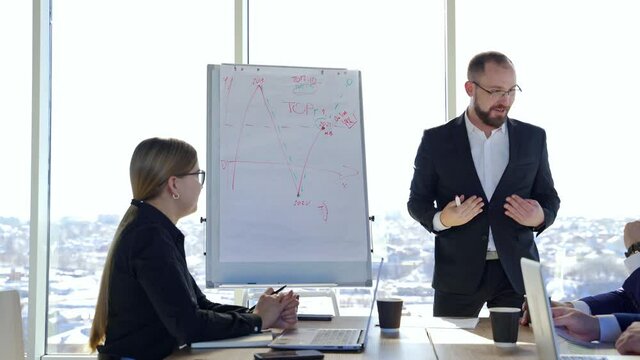 Businessman speaking to a partners. Entrepreneur in suit showing on a written board while talking about the new strategy in office centre in the city.