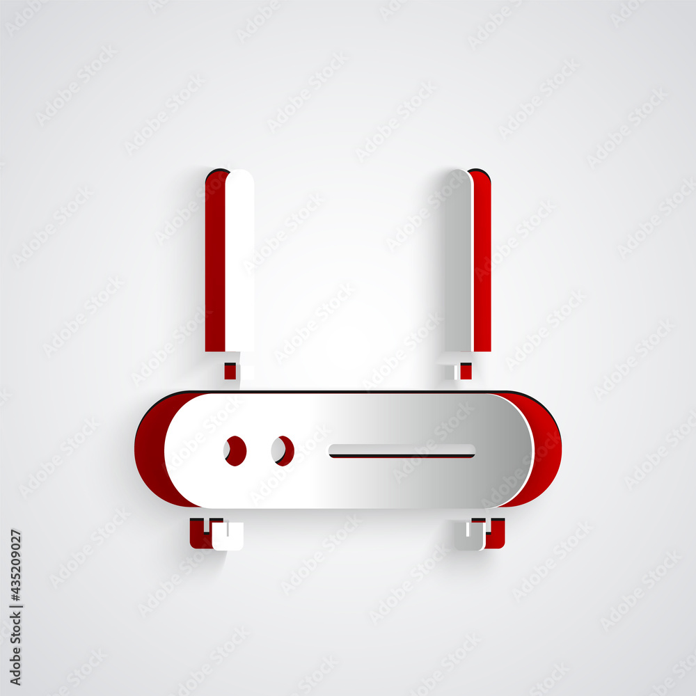 Poster paper cut router and wi-fi signal icon isolated on grey background. wireless ethernet modem router. 