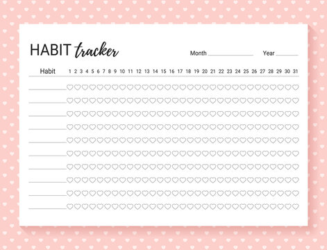 Habit tracker. Daily template habit diary for month. Vector illustration. Journal planner with bullets. Goal list on pink background with hearts. Simple design. Horizontal, landscape orientation, A4.