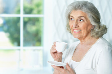 beautiful smiling senior woman drinking tea