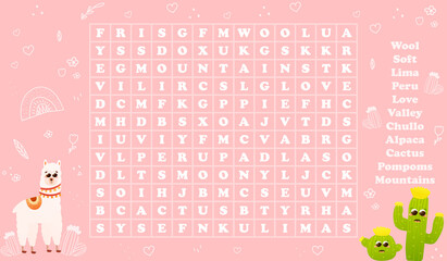 Colourful word search puzzle for kids with cute llama character and cactuses, riddle for children books © Iryna Lozovytska