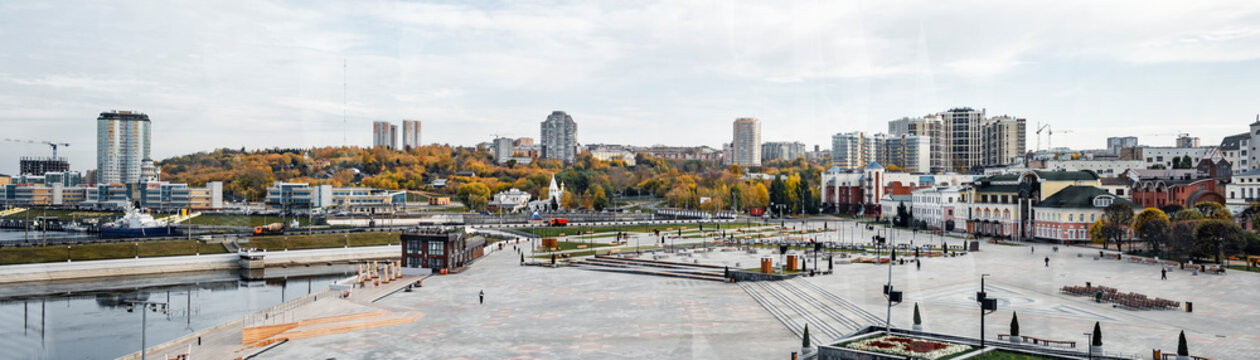 CHEBOKSARY, RUSSIA - OCTOBER 08, 2020: A wide panorama of the city of Cheboksary. Red Square in the city of Cheboksary. 
