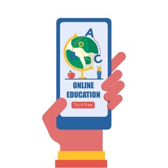 Hand holding phone with app for online education concept. Books and globe for back to school promo. Vector template for banner,  invitation,  landing page. Vecror