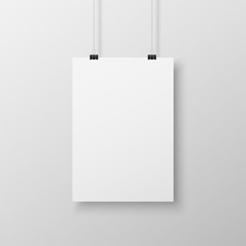 Realistic blank white paper hanging on office clip isolated on grey background. Mockup template for your design. Vertical empty sheet with shadow. Show your flyers, brochures, headlines. Vector
