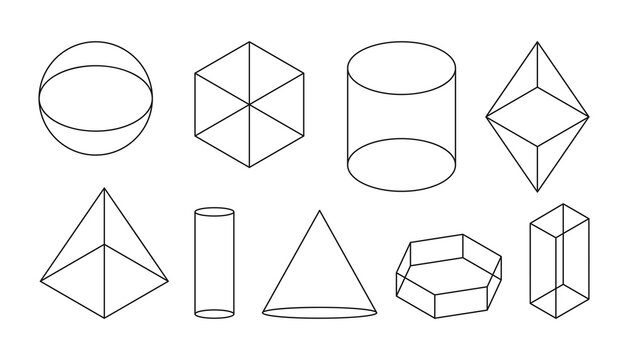 Volumetric basic geometric shapes. Black linear simple 3d figure with invisible shape lines. Isometric views sphere and cube, cylinder and cone and other forms. Isolated on white vector illustration