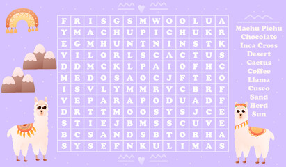 Obraz premium Alpaca theme word search game for kids on violet background with mountains and rainbow, cartoon style