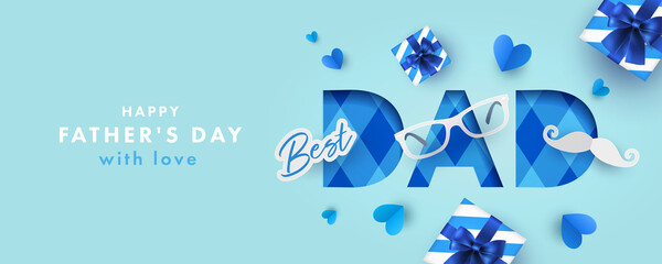 Happy Father's Day greeting card, banner, poster or flyer design with gift boxes, origami hearts, paper mustache and glasses. Paper art, digital craft style. Happy Fathers Day modern design template