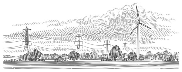 Wind turbine in the field with powerline tower on background line art landscape illustration/sketch. Vector.  © yuromanovich