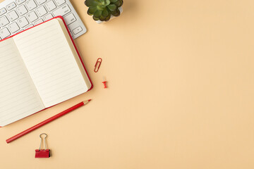 Top view photo of white keyboard flowerpot open red notebook pencil binder clip and pin on isolated beige background with copyspace