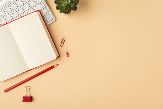Top view photo of white keyboard flowerpot open red notebook pencil binder clip and pin on isolated beige background with copyspace