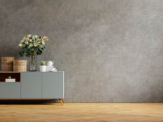 Mockup concrete wall with ornamental plants and decoration item on cabinet.