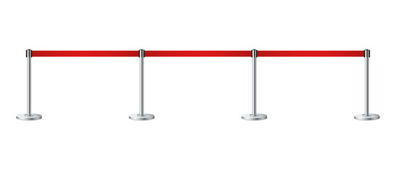 Fototapeta premium Realistic barrier fence with red tape. Red carpet event entrance gate, VIP zone, exclusive entrance, closed event restriction, museum exhibition concept. Metallic poles. Vector illustration