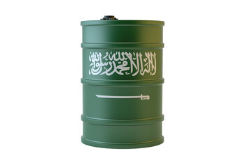 Oil barrel in Saudi Arabia national flag design. Isolated on white. 3D Rendering