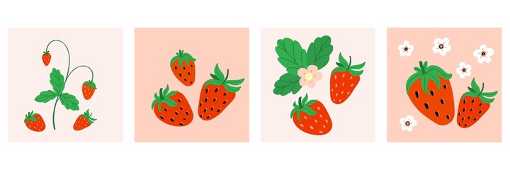 Strawberry poster or print set. Hand drawn fresh forest or garden berry cards collection. Juicy berries, bush with green leaves doodle summer element. Vector cartoon minimalistic isolated illustration
