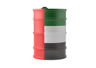 Oil barrel in United Arab Emirates national flag design. Isolated on white. 3D Rendering