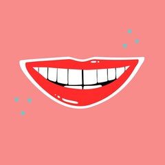 Red lips. Female sexy lipstick modern poster or card. Woman smile with makeup, tongue and white teeth, trendy glamour sticker. Shiny gloss cosmetic, cartoon vector isolated contemporary illustration