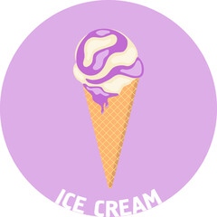 Ice cream in a waffle cup. Ice-cream cone of different taste with  toppings. Summer dessert. Vector illustration