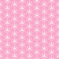 Decorative background pattern with white ornaments on pink backdrop, wallpaper. Seamless pattern, texture. Vector illustration