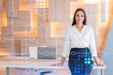 Portrait of attractive smiling businesswoman in formal wear thinking how to optimize business process by applying new technologies. Hi tech holograms over modern office background