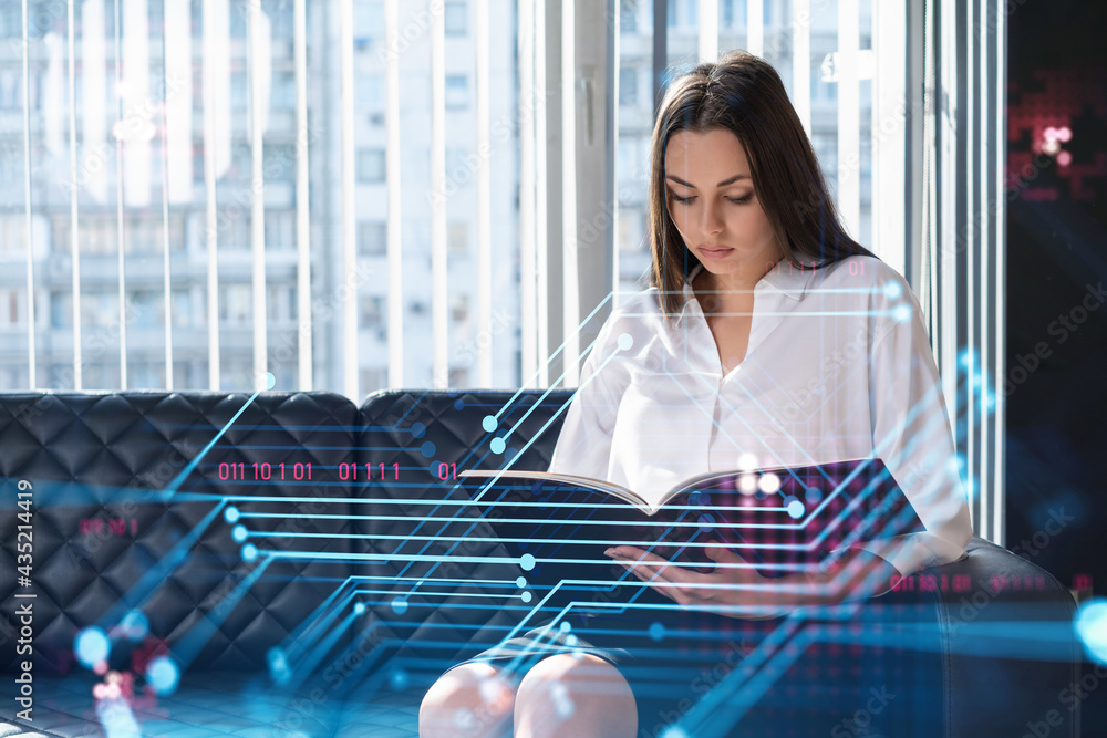 Aufkleber portrait of attractive businesswoman in formal wear working with documents and thinking how to optim