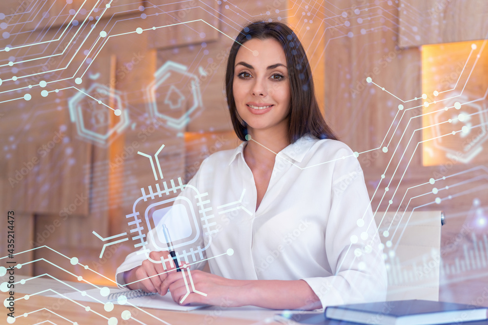 Aufkleber portrait of attractive businesswoman in formal wear working with documents and thinking how to optim
