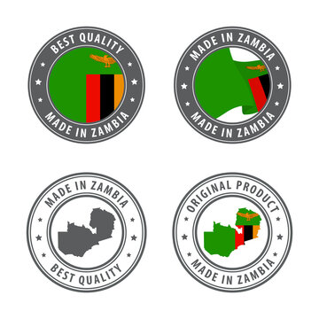 Made in Zambia - set of labels, stamps, badges, with the Zambia map and flag. Best quality. Original product.
