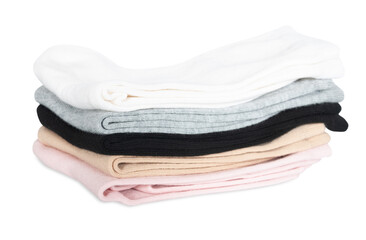 stack of womens socks in different colors isolated on white