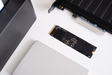 data storage devices concept with Hard Disk, Solid State Drive (SSD), SSD M.2 PCIE NVME.