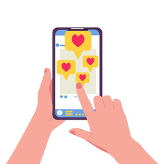 Social media like. Woman hand with smartphone. Following notification. Vector illustration. Holding phone in hand and rate content with a star mockup. Empty, editable screen for online shopping